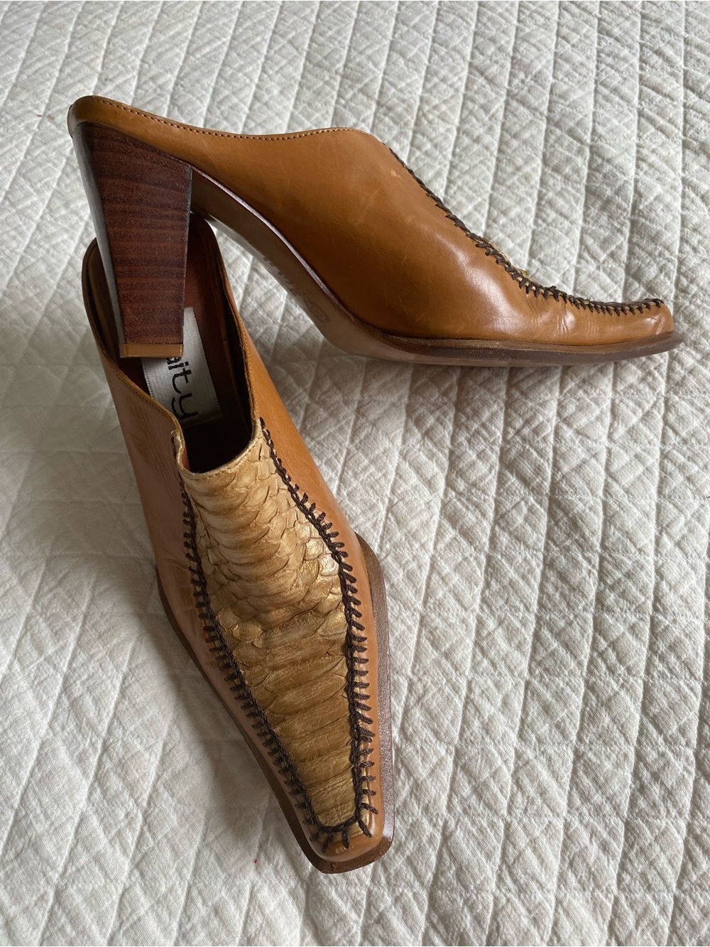 Vintage Western Tan Leather Block Heel Mules Cowgirl Desert Rodeo Exotic Size 35 - Picture 3 of 15